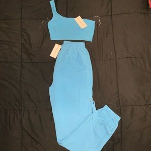 Two Piece Set Teal One Shoulder Crop w/ Joggers